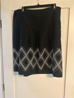 Loft Black A-Line Skirt with White Geometric Embroidery